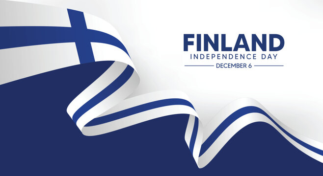 Finland independence day celebration with flag ribbon and blue background