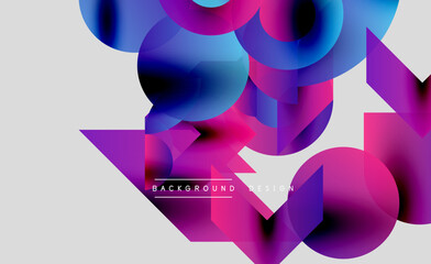 Abstract shapes overlap, creating vibrant purple, blue gradients. Modern design elements suggest dynamic movement, visual interest.