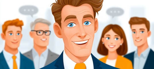Motivated cartoon businessman engaging in social media communication with a diverse audience.
