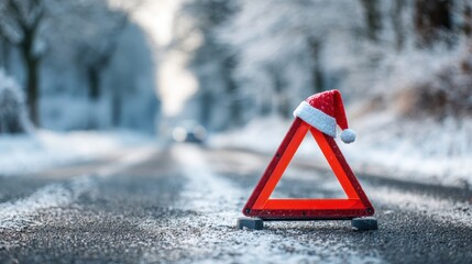 Christmas road hazard: warning triangle with Santa hat on snowy road