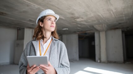Female architect inspecting a construction site, wearing a hard hat and holding a tablet