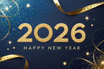 Happy New Year 2026 greeting with glittery gold numbers, elegant text, sparkling ribbons, confetti, and dark blue background creating festive and elegant celebration generative ai