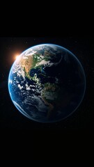 Obraz premium Vertical banner, wallpaper for social media of Realistic view of planet Earth from outer space, showing continents, oceans, and cloud formations with natural sunlight illumination