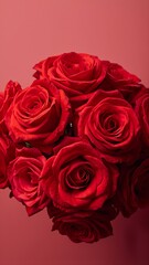 Obraz premium Vertical banner, wallpaper for social media of Vibrant red rose flowers in a lush bunch, with delicate petals and soft, gentle textures, set against a neutral background, accentuates their aesthetic