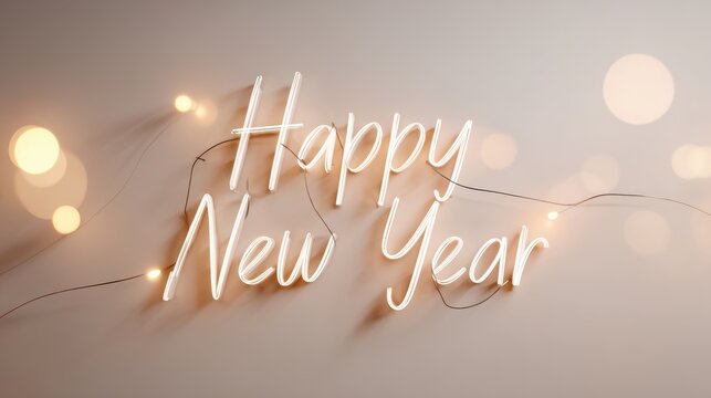 Happy New Year neon sign with string lights on a neutral background