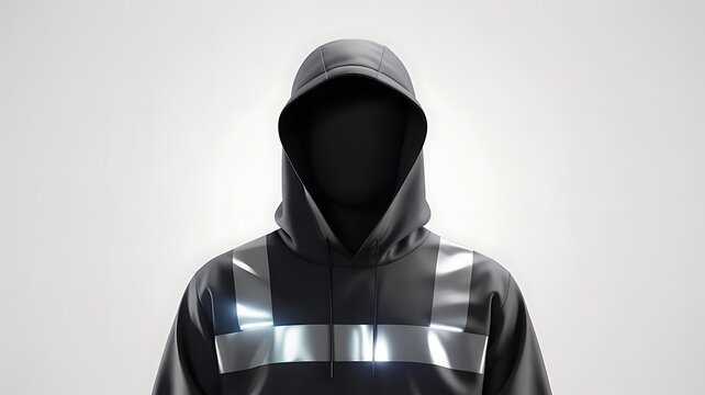 Mysterious figure in a hooded sweatshirt with reflective stripes against a stark white background creates an enigmatic and futuristic appearance