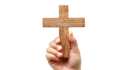 Hand Holding a Wooden Christian Cross Isolated on White Background