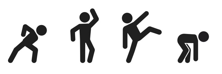 Black Pictogram Figures Depicting Running, Waving, Kicking, and Bending on White Background