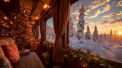 Cinematic train ride with Christmas tree and moving snowy landscape view, motion footage - Powered by Adobe