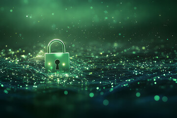 vast sea of shimmering digital data points - a radiant padlock stands as a beacon of cybersecurity and protection green background