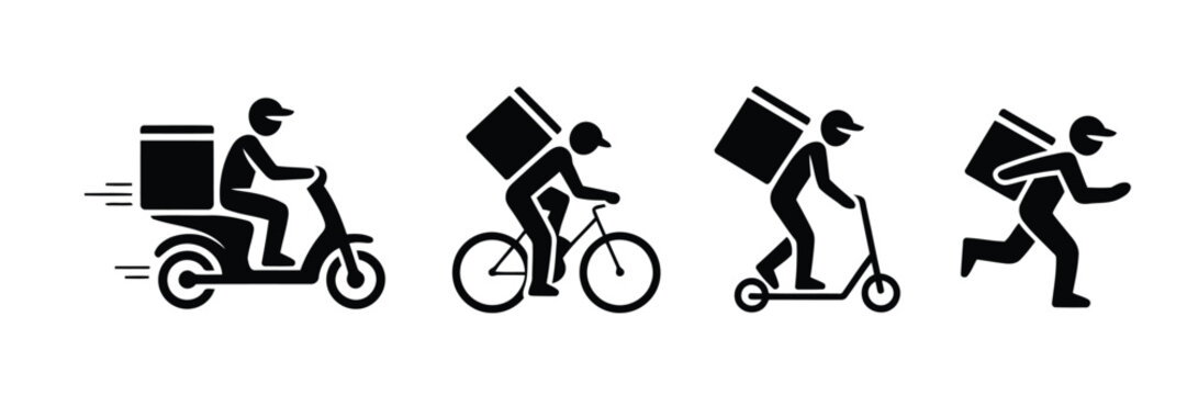 Black Delivery Icon Set Featuring Person on Scooter, Bike, Kick Scooter and Running