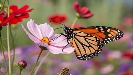 Obraz premium A monarch butterfly delicately lands on a light pink cosmos flower, surrounded by a vibrant field of red and purple blooms, creating a picturesque moment