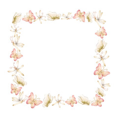 Cute Butterfly Dragonfly Frame. Watercolor hand painted summer pastel neutral isolated illustration on white background