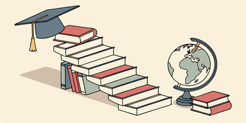 Vector illustration of globe with graduation cap on book, symbolizing education, study abroad programs, and international learning concept.
