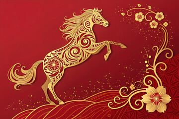 Golden horse rearing on red background with intricate floral motifs, swirling decorative patterns, and sparkles, symbolizing prosperity, vitality, and festive joy generative ai