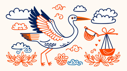 Stork carrying a baby with clouds and floral elements