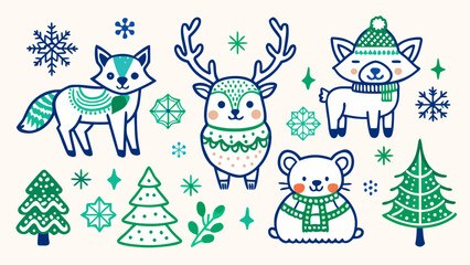 Cute winter animals and snowflakes