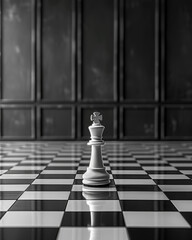 Lone white chess king piece stands on checkered board, dark background, reflective surface.