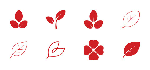 Collection of Red Leaf and Plant Icons on White Background
