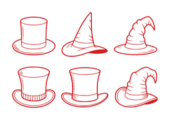 Collection of Red Line Art Hats Top Hats and Witch Hats
