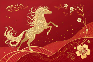 Stylized golden horse rearing on red background with floral blossoms, swirling patterns, clouds, and decorative motifs, symbolizing vitality, prosperity, and festivity generative ai