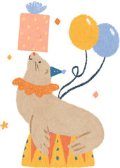 Cute Circus Seal with Gift and Balloons Illustration for Kids Birthday Party Decor, Nursery Decor, and Invitation