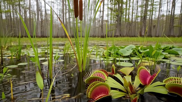 Venus flytraps amid pond plants and lily pads with a forest backdrop on a cloudy day