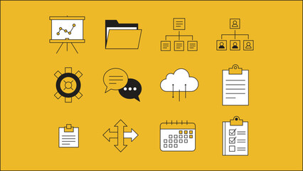 A collection of flat design line icons representing various business and project management concepts on a yellow background.