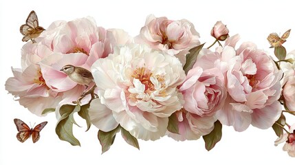 Luxurious decoration. Garland of luxurious blooming peonies, butterflies and birds.