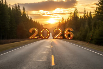 Illuminated 2026 numbers with glowing bulbs on scenic pine-lined road at sunset, mountains in background, symbolizing anticipation and celebration of new year generative ai