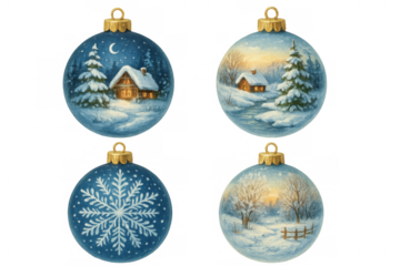 Christmas ornaments depicting winter landscapes and snowflake patterns, holiday season decorations on transparent background