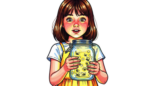 Girl holding jar of fireflies, capturing childhood wonder and summer magic, perfect for nostalgic themes and whimsical designs, youthful dreams come alive