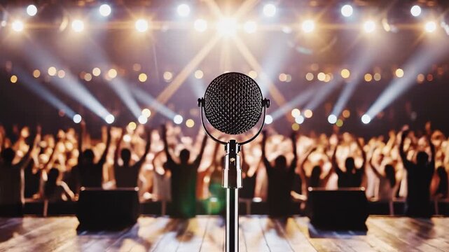 Professional vintage microphone on a stand in the middle of an empty wooden stage, facing a cheering and clapping crowd illuminated by dynamic blue and orange spotlights at a live music concert