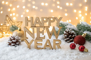 Happy New Year sign in gold letters with pinecones, ornaments, evergreen branches, wire star, and glowing lights in snowy setting, creating warm festive atmosphere generative ai