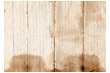 Vintage lined notebook paper sheet with brown stained spots isolated on white background. Aged lined rusted writing paper page