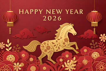 Chinese New Year 2026 celebration with golden zodiac horse, red background, lanterns, floral patterns, clouds, and festive decorations symbolizing joy and fortune generative ai