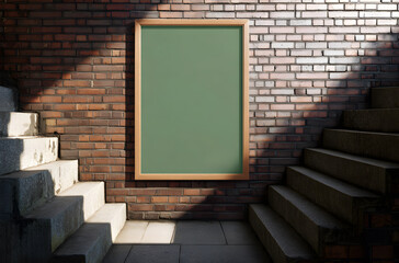 Industrial interior scene featuring a blank green poster mockup in a natural oak wooden frame, simply resting on the concrete stairs against a textured red brick wall, perfect for modern display