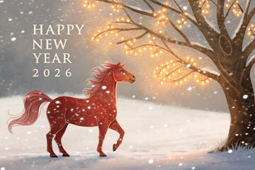 Happy New Year 2026 winter scene with red horse in snowy landscape, glowing tree lights, falling snowflakes, and celebratory seasonal atmosphere of strength and joy generative ai