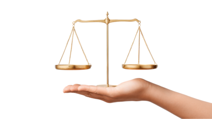 Scale of justice balanced on a hand. Symbol of law and equality.