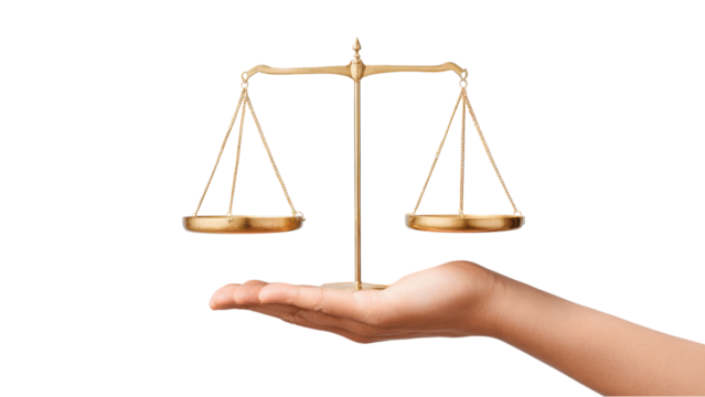 Scale of justice balanced on a hand. Symbol of law and equality.