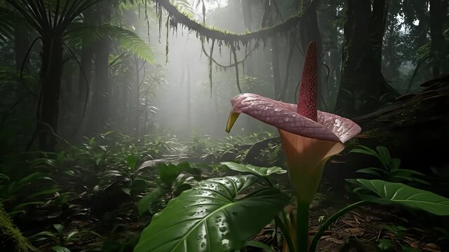 Lush jungle scene featuring a large, exotic pink and red flower in the foreground