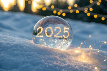 Illuminated 2025 inside glass orb on snowy surface with warm blurred holiday lights, symbolizing winter celebration, reflection, and anticipation of new year generative ai
