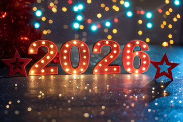 Illuminated 2026 numbers with embedded bulbs, red star decorations, and colorful bokeh lights on reflective surface, creating vibrant festive New Year atmosphere generative ai