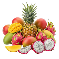 A vibrant assortment of tropical fruits, including mangoes, dragon fruit, and pineapple, arranged together.