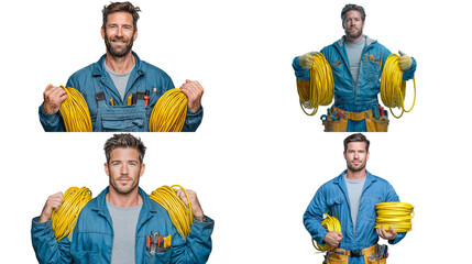 Experienced electricians smiling, ready to tackle any electrical project or repair isolated on transparent background