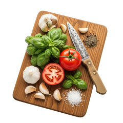 Fresh ingredients for cooking, including basil, tomato, garlic, salt, pepper, and a knife on a wooden cutting board.