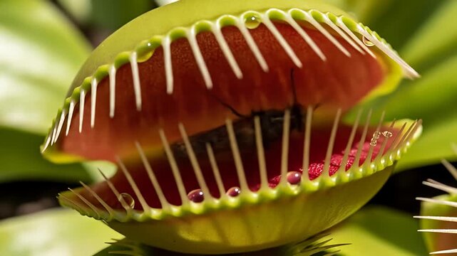 Macro of a Venus flytrap containing a fly, with water droplets on the fringed edges