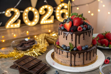 Chocolate drip cake with fresh berries, surrounded by strawberries, chocolate bars, and illuminated 2026 sign, creating festive New Year celebration atmosphere generative ai