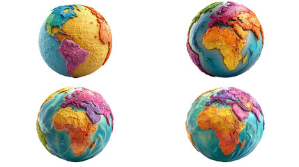 Colorful stylized globes showing continents and oceans reveal Earth's vibrant world isolated on transparent background