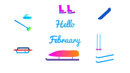 Winter sports equipment set. Hello February, vector illustration
